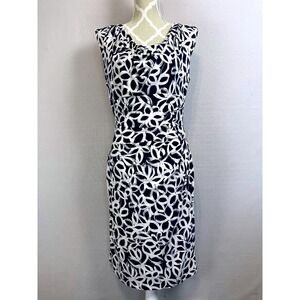 Lauren‎ Ralph Lauren Dress Navy Blue White Abstract Sleeveless Midi Sz 14 Ruched
